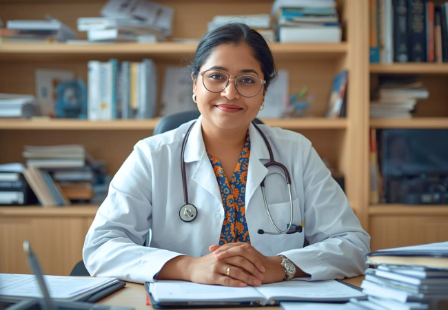Indian Female Doctor by her desk ai