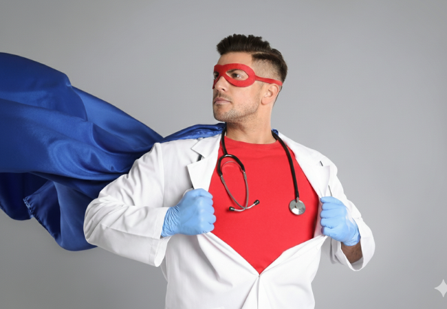 Male Doctor with super hero cape